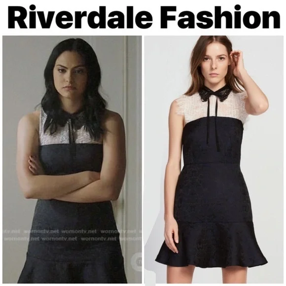 Sandro Flavia Dress Black White Eyelash Lace Flare Brocade - Picture 2 of 15